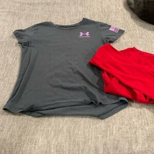 Children’s under armor, gray T-shirt, and children’s red long sleeve shirt